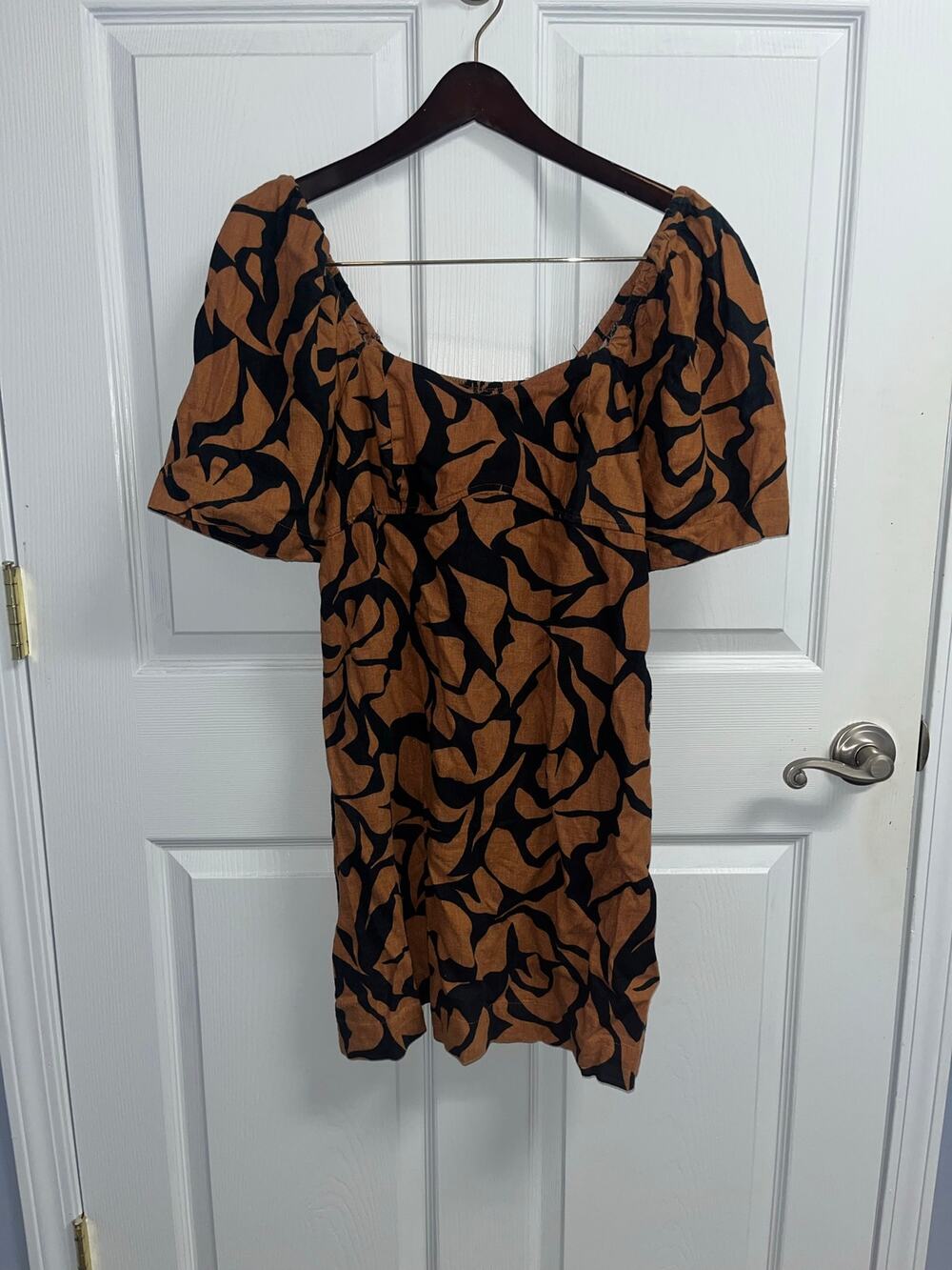 A New Day Brown & Black Abstract Print Linen-Blend Puff Sleeve Mini Dress